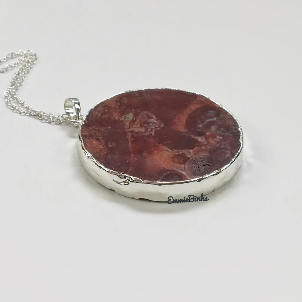New 925 Sterling Silver Red Mexican Happy Lace Agate Slice Pendant Necklace - Picture 6 of 14